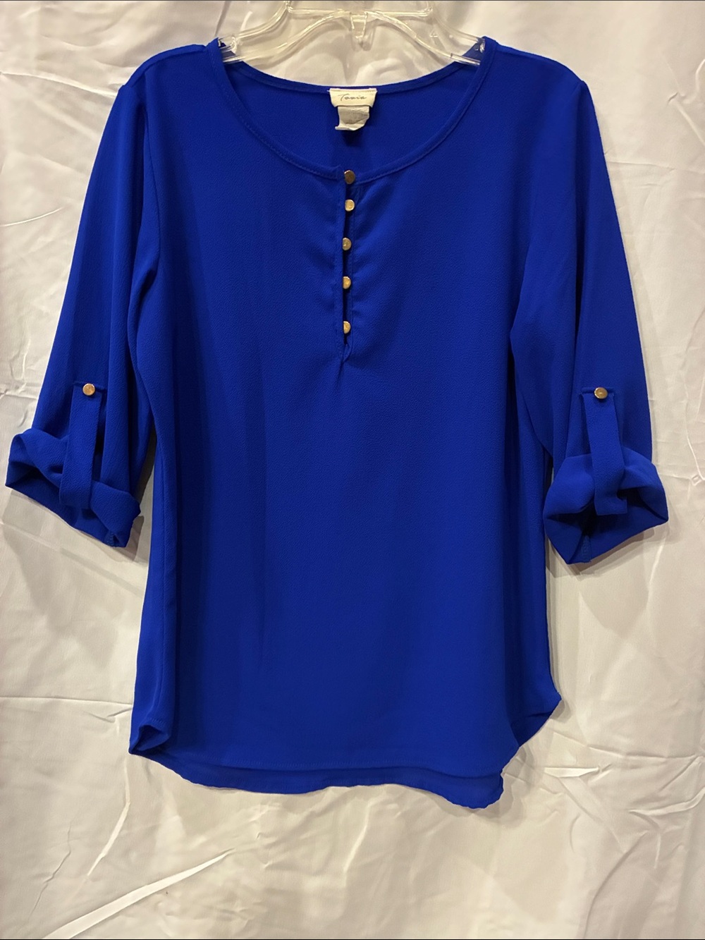 Small Tovia Cobalt Blouse with Gold Henley Buttons and Roll-Tab Sleeves